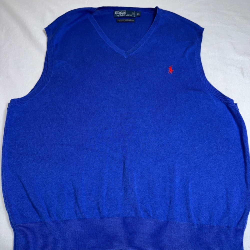 Polo Ralph Lauren Mens XL Blue Pima Cotton V-Neck‎ Sweater Vest Red Pony Logo